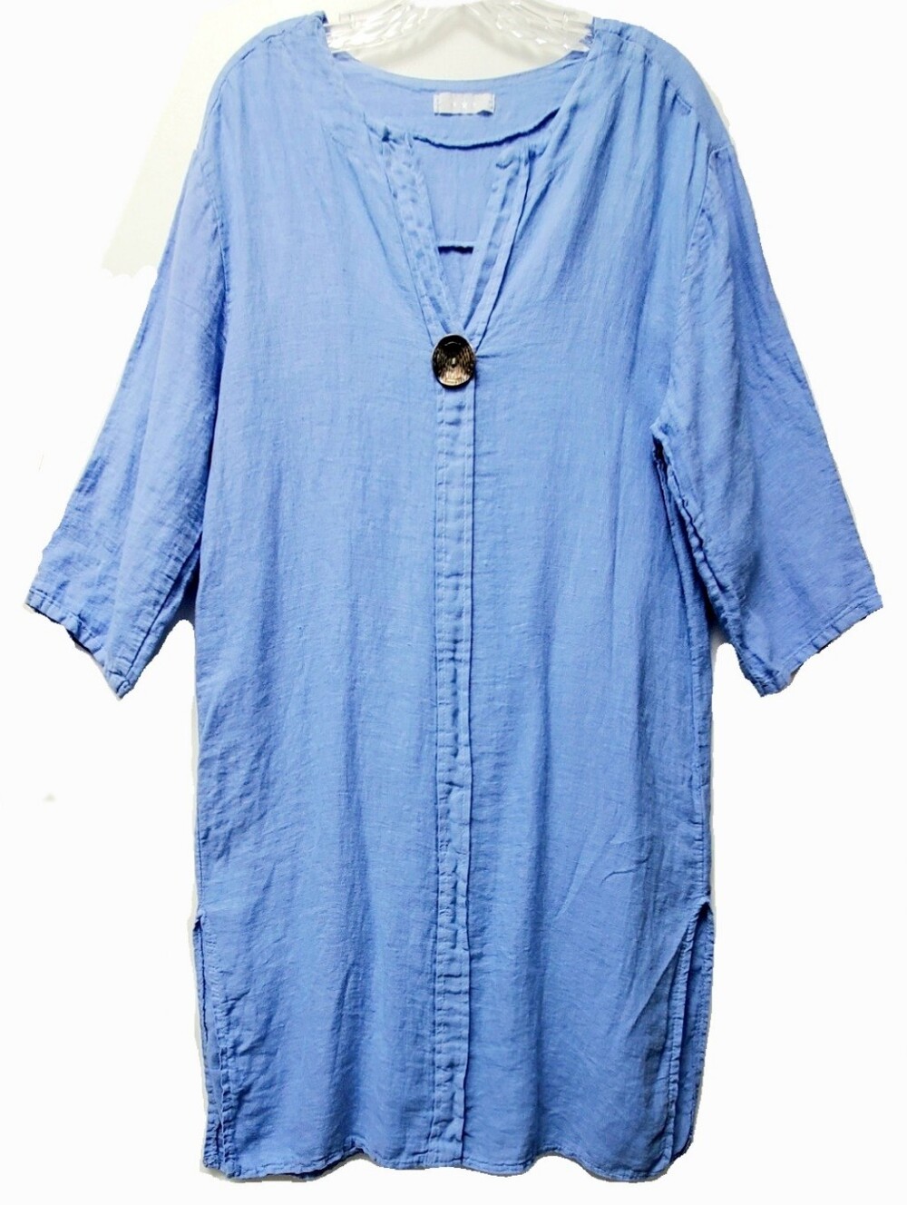 3 Stars Italian 100% Linen Tunic Dress Top Light Blue Decorative Button Size S-M